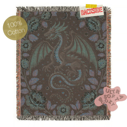 Medieval Floral Dragon Large Wall Tapestry Blanket, Mythical Fantasy Woven Wall Art Throw, Forest Castlecore Whimsigoth Cottagecore Decor