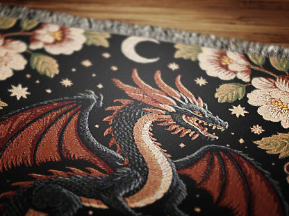 Medieval Floral Dragon Large Wall Tapestry Blanket, Mythical Fantasy Woven Wall Art Throw, Forest Castlecore Whimsigoth Cottagecore Decor