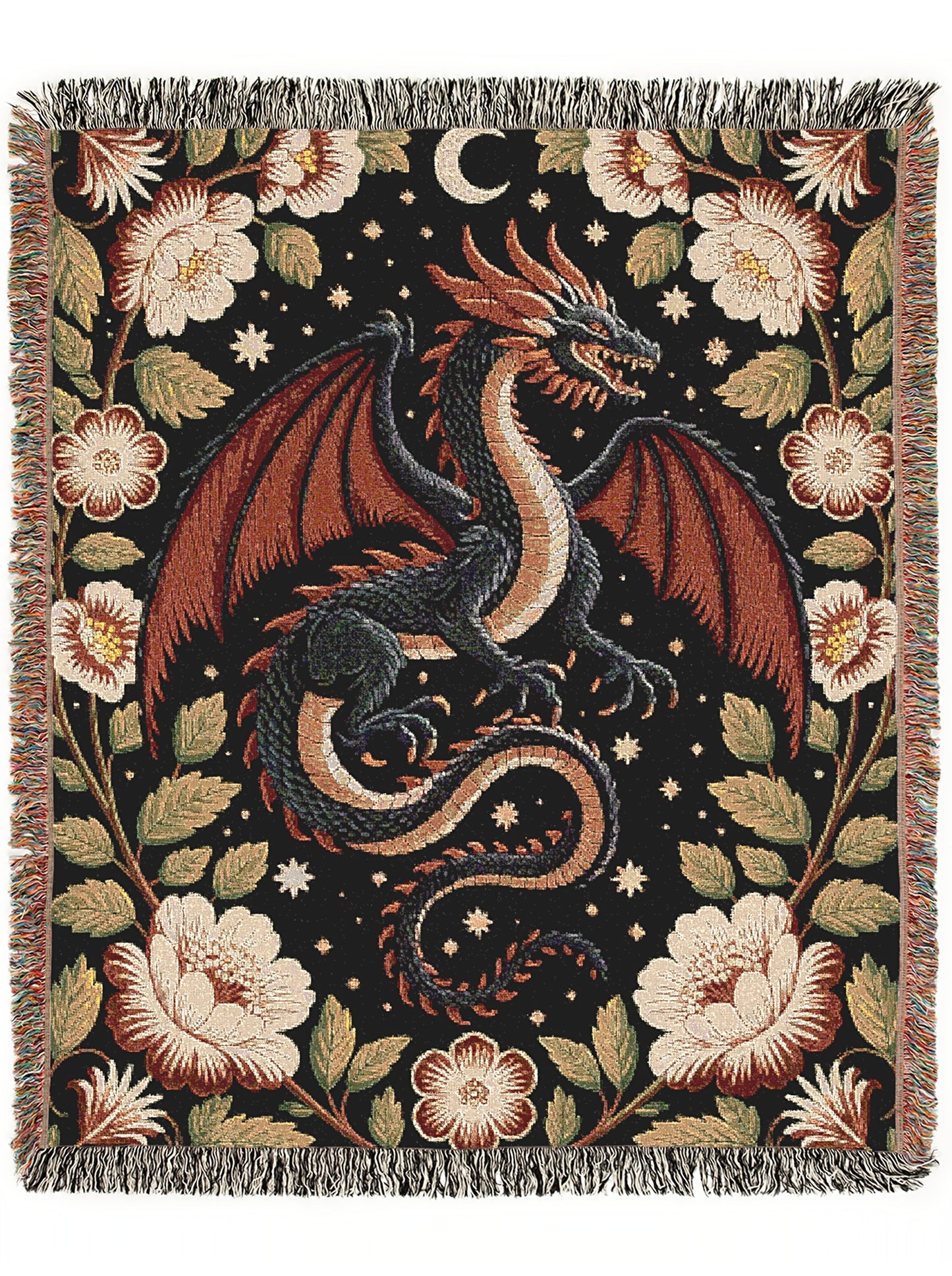 Medieval Floral Dragon Large Wall Tapestry Blanket, Mythical Fantasy Woven Wall Art Throw, Forest Castlecore Whimsigoth Cottagecore Decor