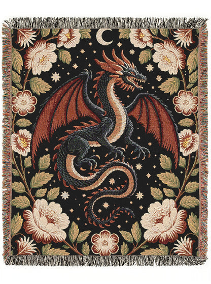 Medieval Floral Dragon Large Wall Tapestry Blanket, Mythical Fantasy Woven Wall Art Throw, Forest Castlecore Whimsigoth Cottagecore Decor