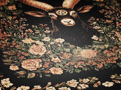 Black Phillip Woven Blanket, Mythical Baphomet Nature Tapestry Throw, Moody Cottagecore Whimsigoth Botanical Home Decor, Witchy Gift