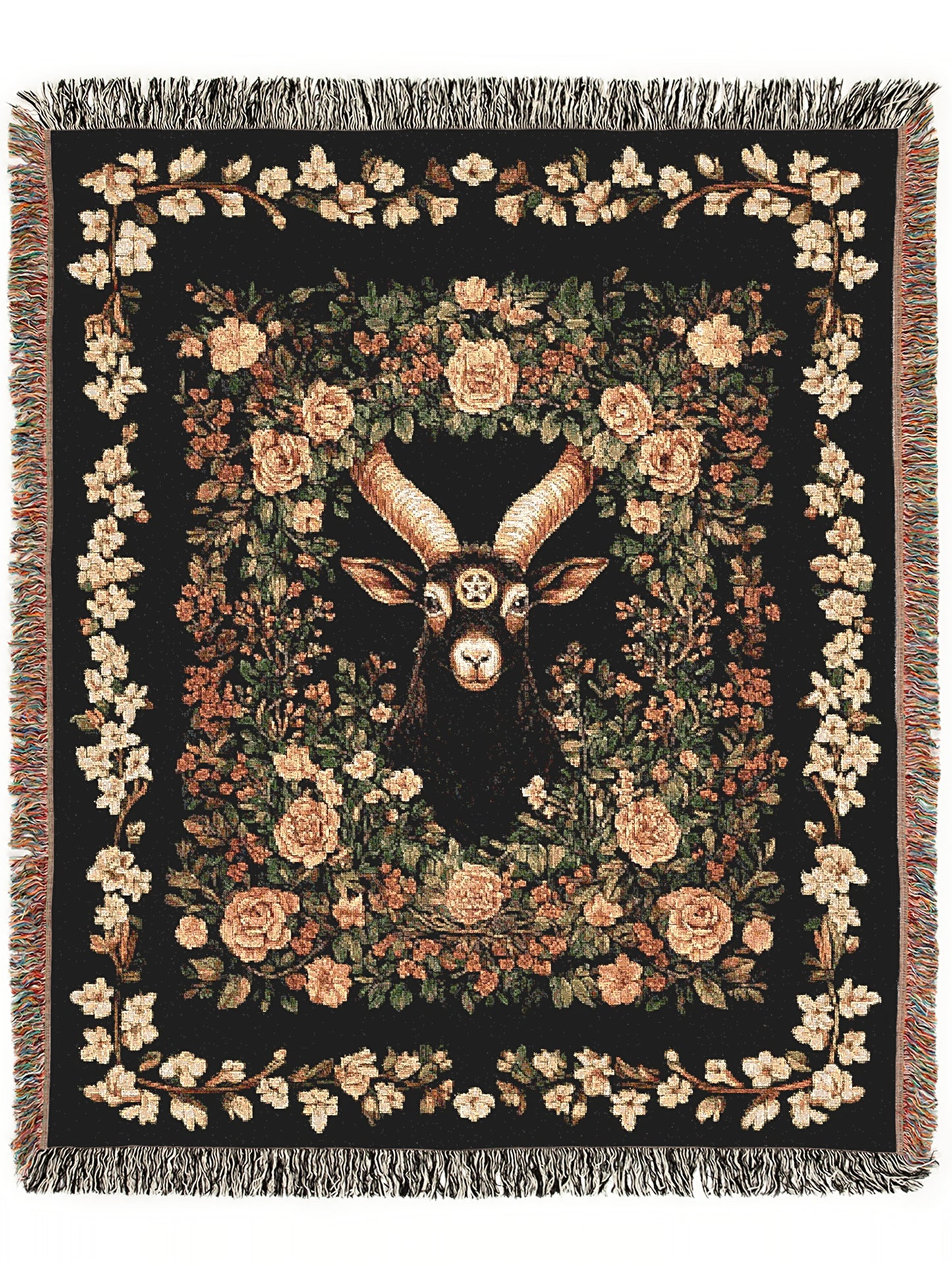 Black Phillip Woven Blanket, Mythical Baphomet Nature Tapestry Throw, Moody Cottagecore Whimsigoth Botanical Home Decor, Witchy Gift