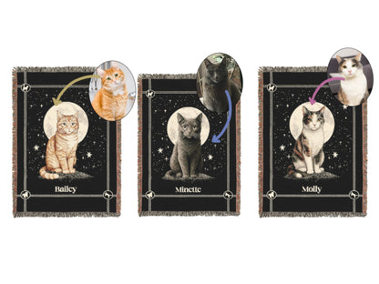 Personalized Cat Blanket, Custom Name Moon Large Tapestry, Pet Remembrance Decor, Celestial Cottagecore Whimsigoth  Cat Wall Art