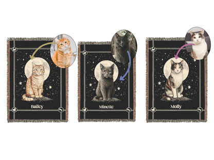 Personalized Cat Blanket, Custom Name Moon Large Tapestry, Pet Remembrance Decor, Celestial Cottagecore Whimsigoth  Cat Wall Art