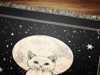 Personalized Cat Blanket, Custom Name Moon Large Tapestry, Pet Remembrance Decor, Celestial Cottagecore Whimsigoth  Cat Wall Art