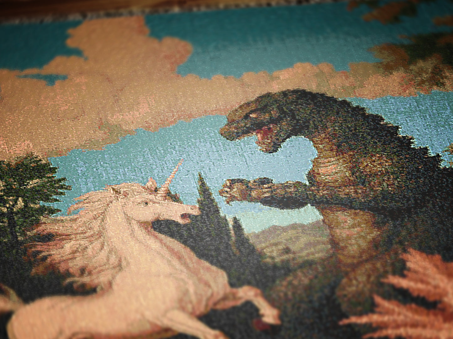 Epic Unicorn vs Godzilla Woven Blanket, Funny Whimsical Gojira Fantasy Large Tapestry Throw, Surreal Vintage Creature Battle Decor Gift
