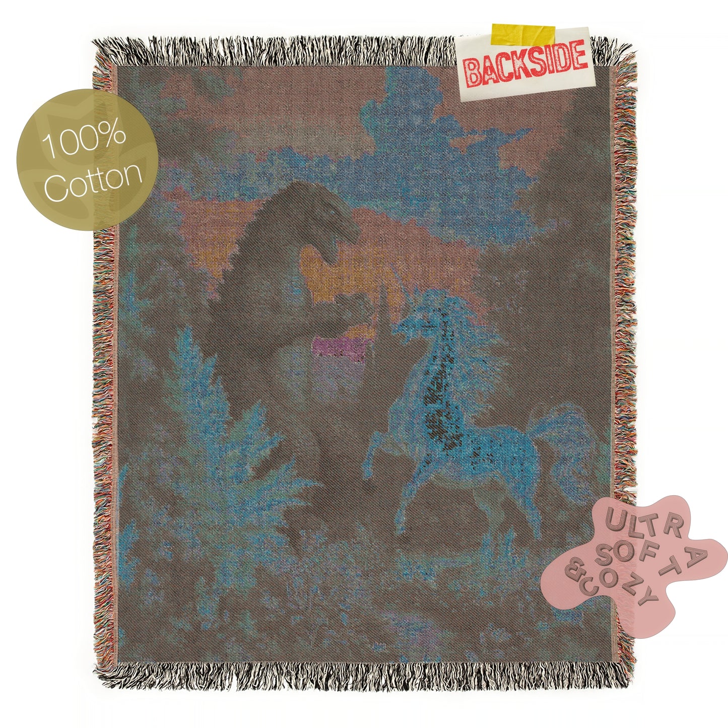 Epic Unicorn vs Godzilla Woven Blanket, Funny Whimsical Gojira Fantasy Large Tapestry Throw, Surreal Vintage Creature Battle Decor Gift