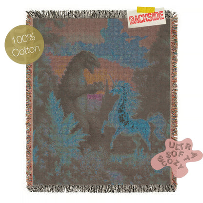 Epic Unicorn vs Godzilla Woven Blanket, Funny Whimsical Gojira Fantasy Large Tapestry Throw, Surreal Vintage Creature Battle Decor Gift