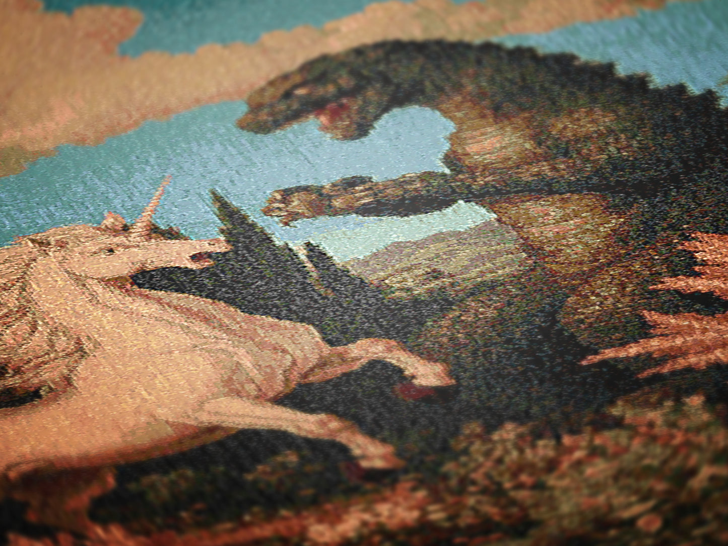 Epic Unicorn vs Godzilla Woven Blanket, Funny Whimsical Gojira Fantasy Large Tapestry Throw, Surreal Vintage Creature Battle Decor Gift