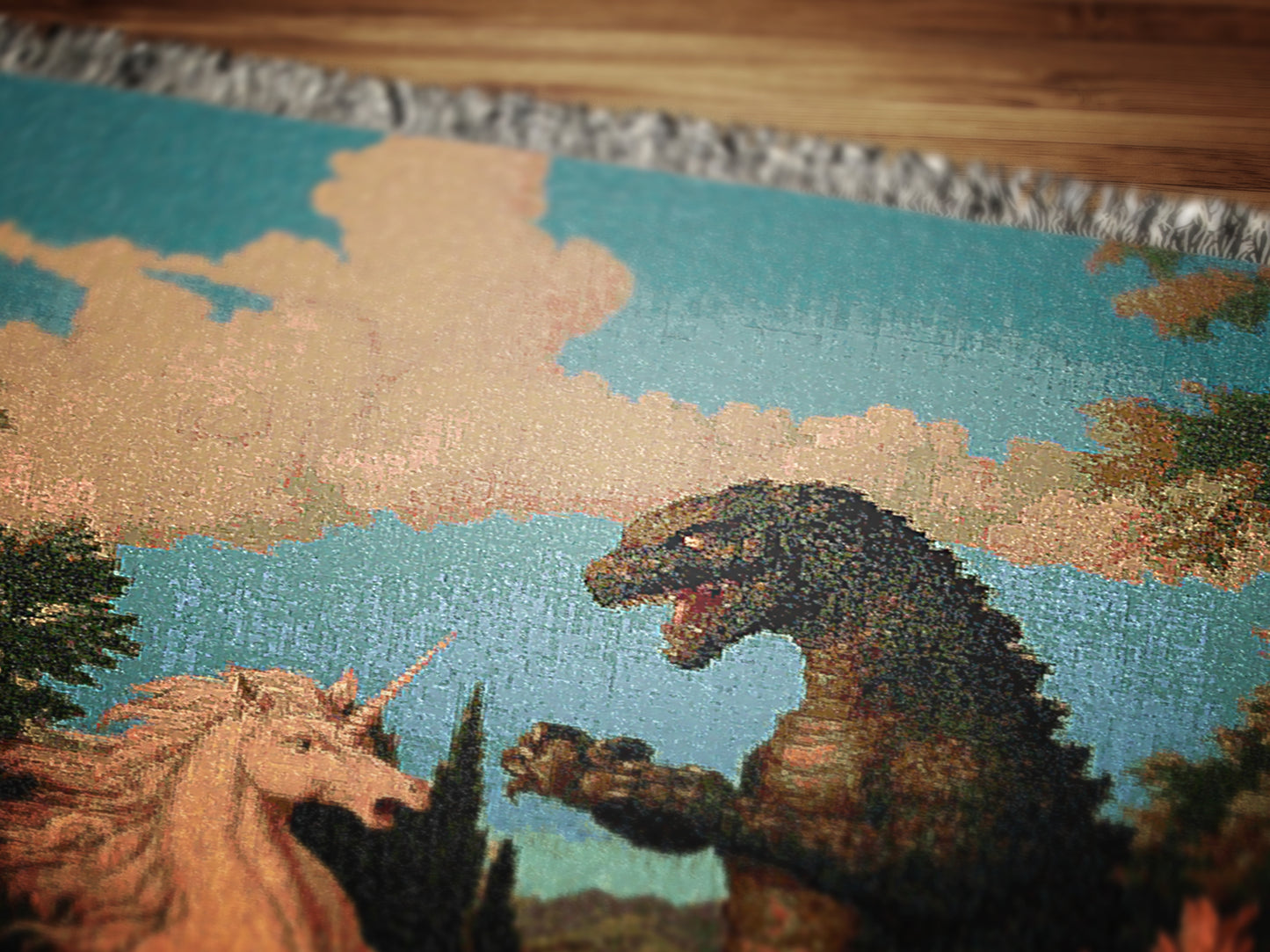 Epic Unicorn vs Godzilla Woven Blanket, Funny Whimsical Gojira Fantasy Large Tapestry Throw, Surreal Vintage Creature Battle Decor Gift