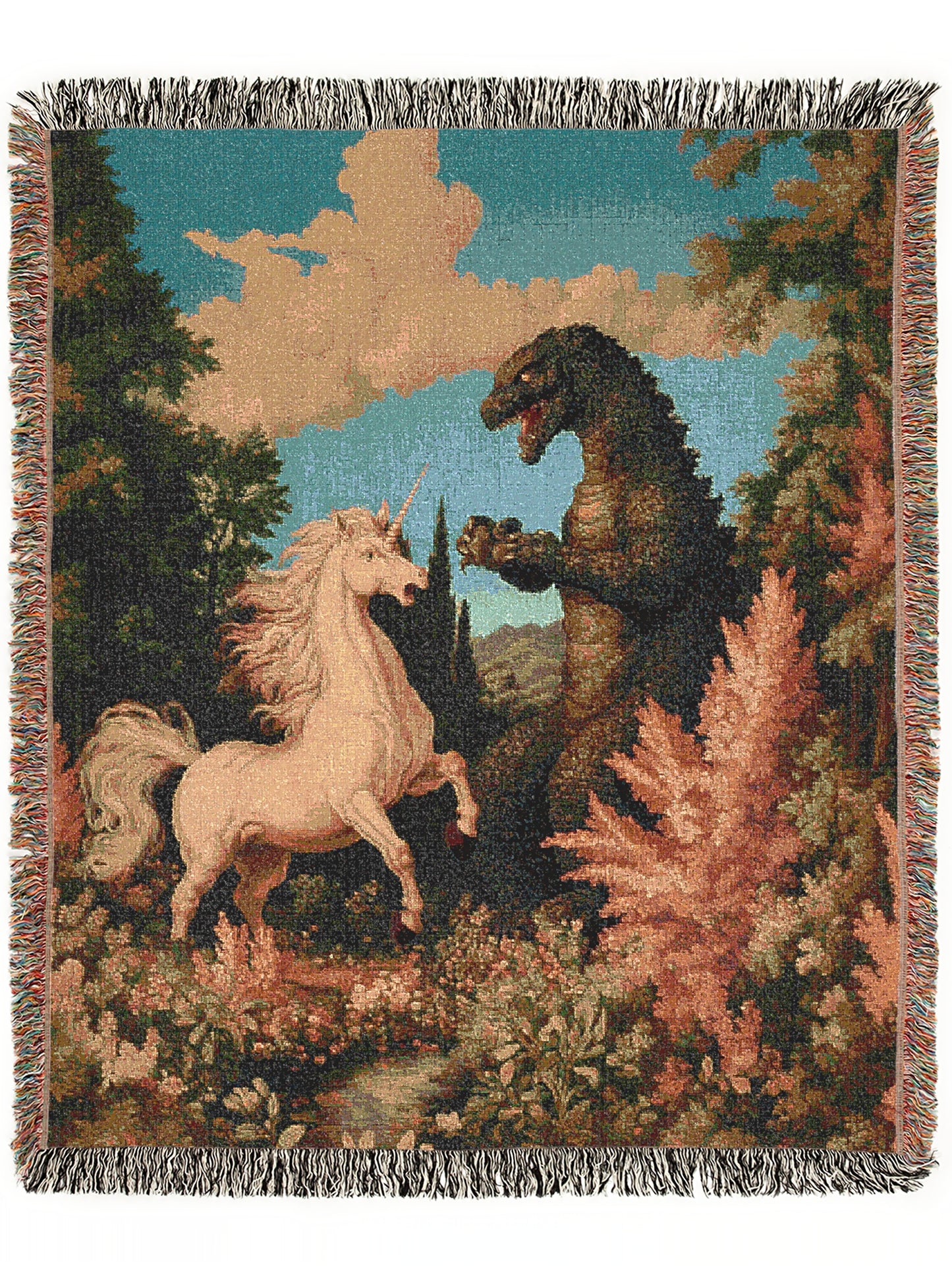 Epic Unicorn vs Godzilla Woven Blanket, Funny Whimsical Gojira Fantasy Large Tapestry Throw, Surreal Vintage Creature Battle Decor Gift