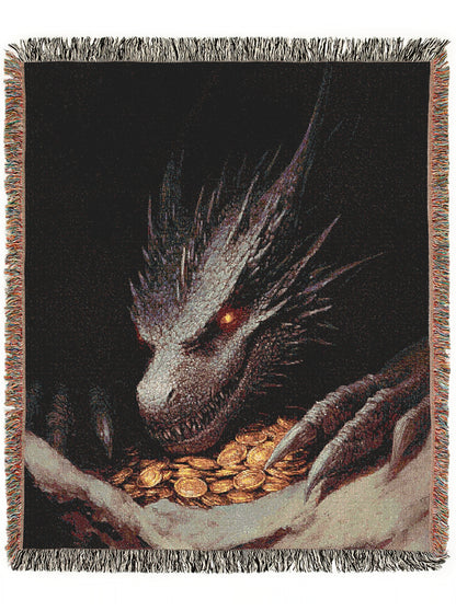 Fantasy Dragon Blanket Gold Hoard Large Tapestry Throw, TOG LOTR Gothic Medieval Decor, Bedding Bookish Nook Art Dark Academia Gift