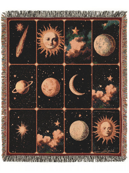 Celestial Astronomy Woven Blanket, Boho Whimsical Planets Tapestry Throw, Mystical Whimsigoth Throw, Cozy Bohemian Home Decor Gift