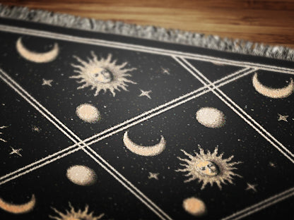Celestial Sun And Moon Woven Blanket, Boho Whimsical Tapestry Throw, Mystical Whimsigoth Checkerboard Throw, Cozy Bohemian Home Decor Gift