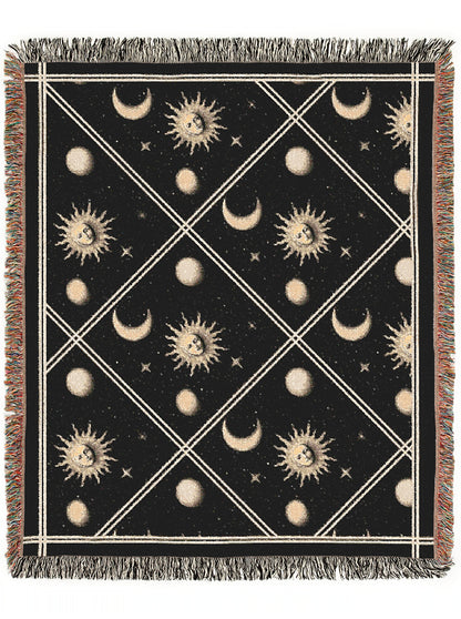Celestial Sun And Moon Woven Blanket, Boho Whimsical Tapestry Throw, Mystical Whimsigoth Checkerboard Throw, Cozy Bohemian Home Decor Gift