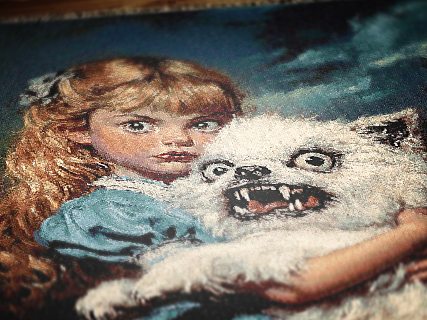Creepy Girl and her Ugly Dog Jacquard Woven Tapestry, Kitsch Victorian Goth Wall Hanging, Surreal Weird Dog Owner Gift, Cute Winter Blanket