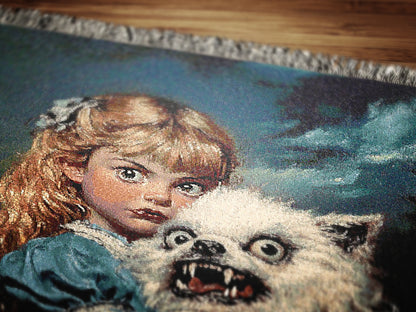 Creepy Girl and her Ugly Dog Jacquard Woven Tapestry, Kitsch Victorian Goth Wall Hanging, Surreal Weird Dog Owner Gift, Cute Winter Blanket