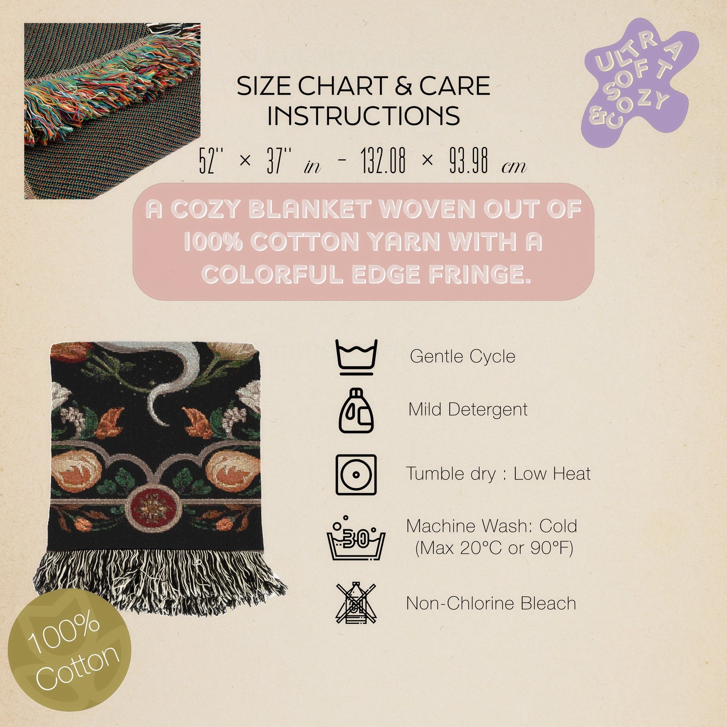 White Snake Floral Woven Throw Blanket, Boho Border Design, Large Wall Tapestry, Dark Cottagecore, Whimsigoth Decor, Gothic Bedding