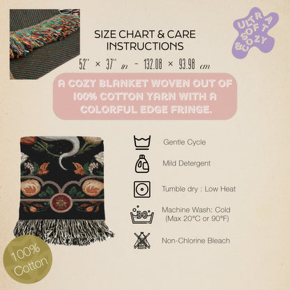 White Snake Floral Woven Throw Blanket, Boho Border Design, Large Wall Tapestry, Dark Cottagecore, Whimsigoth Decor, Gothic Bedding