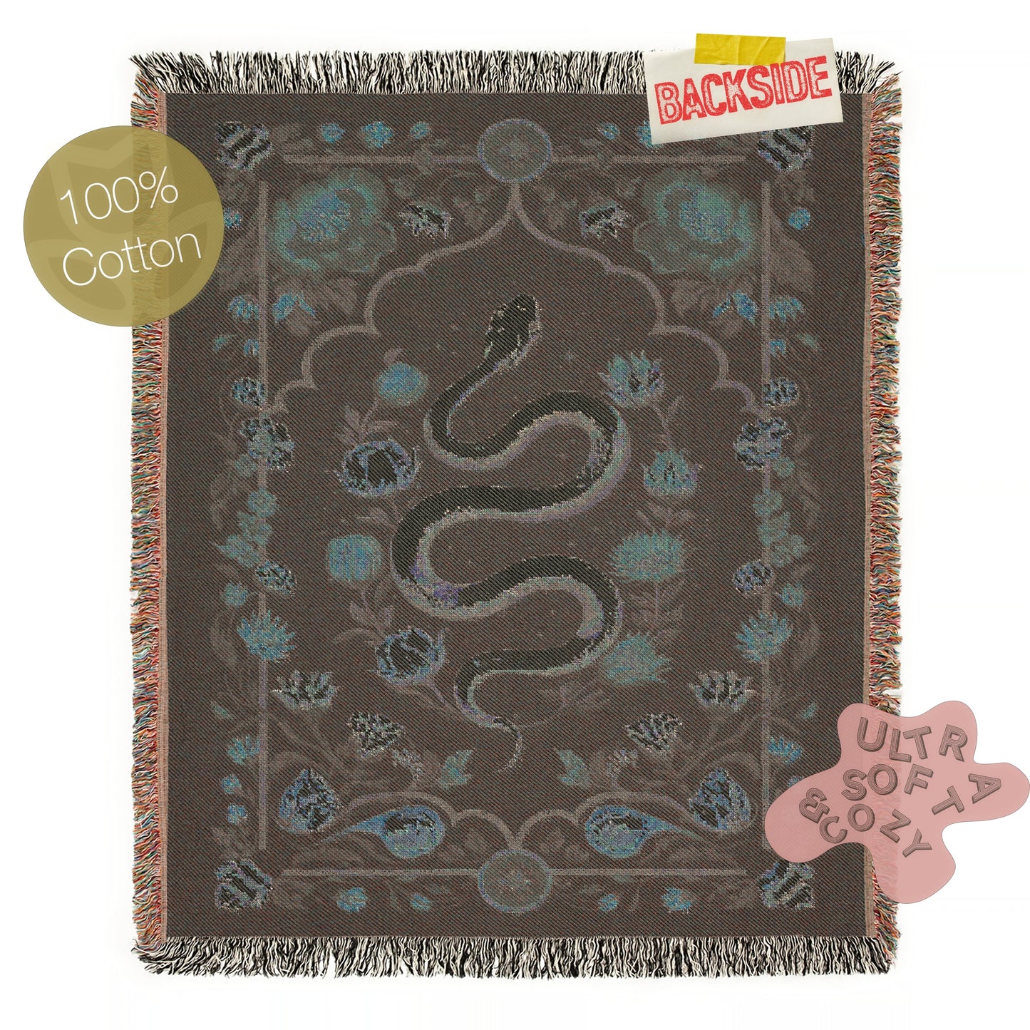 White Snake Floral Woven Throw Blanket, Boho Border Design, Large Wall Tapestry, Dark Cottagecore, Whimsigoth Decor, Gothic Bedding