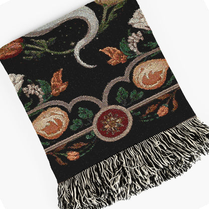 White Snake Floral Woven Throw Blanket, Boho Border Design, Large Wall Tapestry, Dark Cottagecore, Whimsigoth Decor, Gothic Bedding