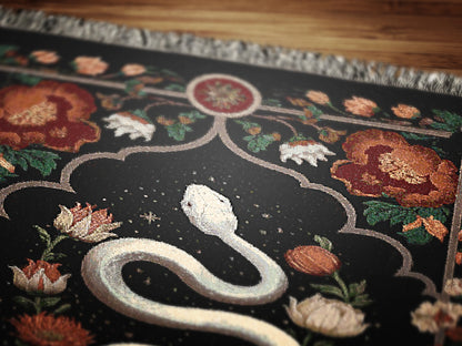 White Snake Floral Woven Throw Blanket, Boho Border Design, Large Wall Tapestry, Dark Cottagecore, Whimsigoth Decor, Gothic Bedding
