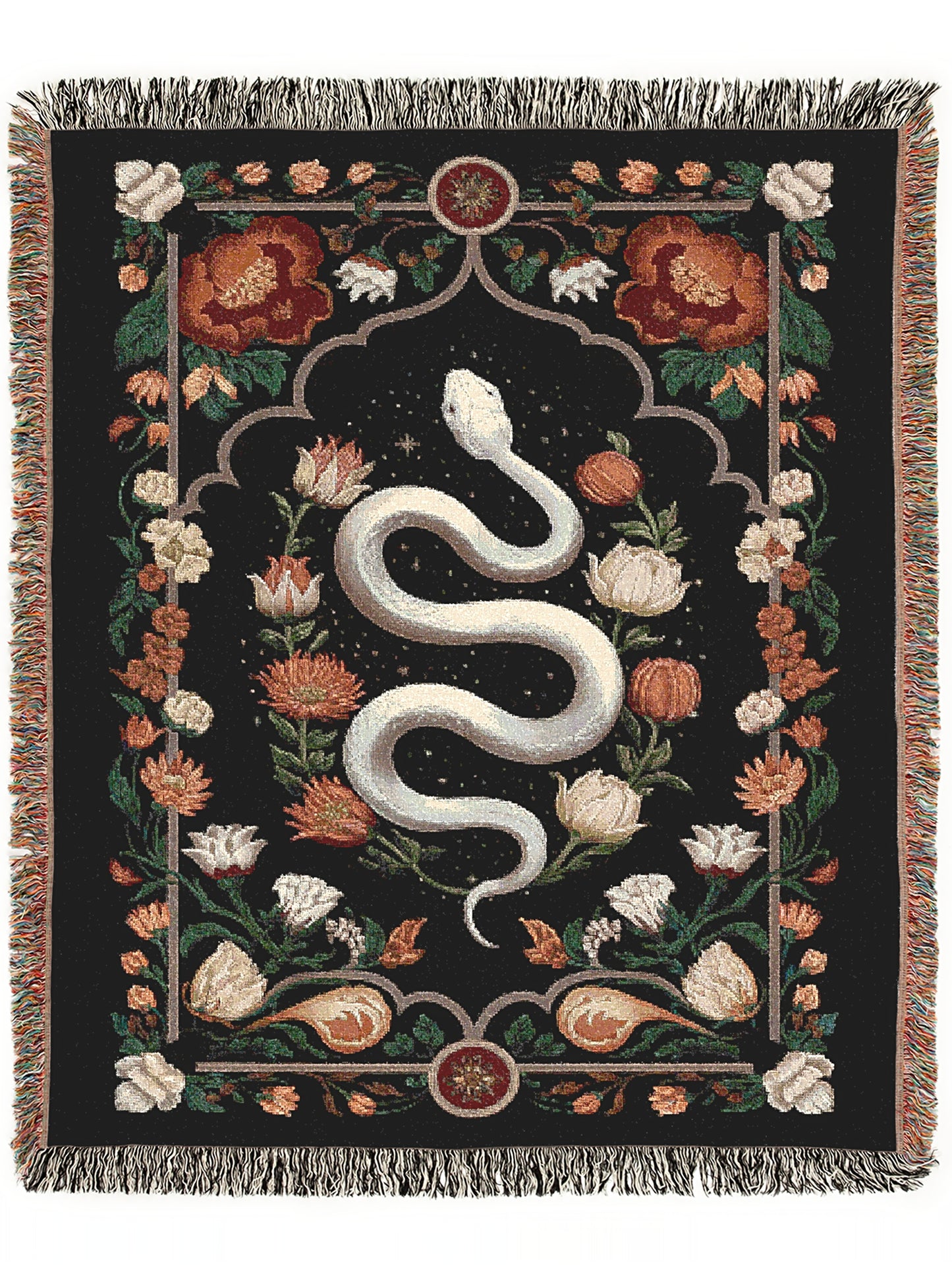 White Snake Floral Woven Throw Blanket, Boho Border Design, Large Wall Tapestry, Dark Cottagecore, Whimsigoth Decor, Gothic Bedding