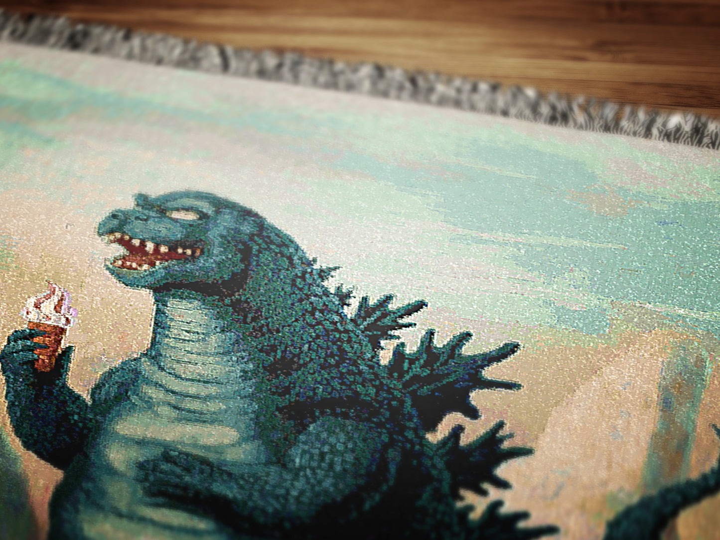 Godzilla And Icecream, Cotton Woven Throw Blanket, Quirky Playful Kaiju Gojira Funny Tapestry, Woven Wall Art, Weirdcore Decor Gift