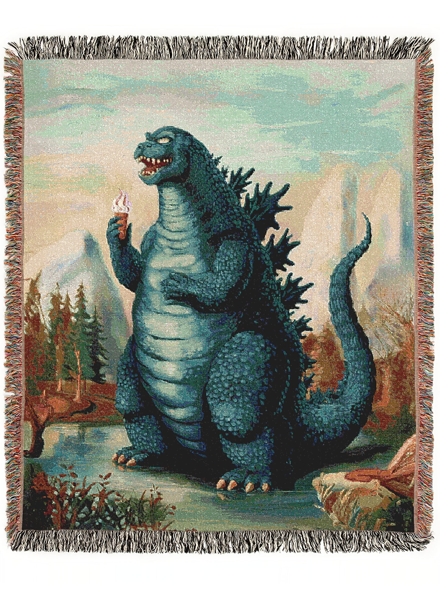 Godzilla And Icecream, Cotton Woven Throw Blanket, Quirky Playful Kaiju Gojira Funny Tapestry, Woven Wall Art, Weirdcore Decor Gift