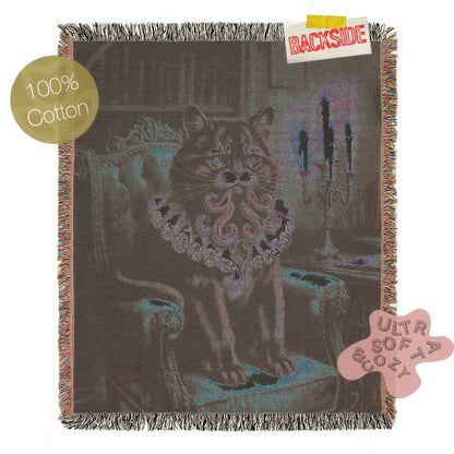 Funny Cat Cathulhu, Cotton Woven Throw Blanket, Lovecraft Gothic Funny Tapestry, Woven Wall Art, Whimsigoth Decor, Large Wall Hanging