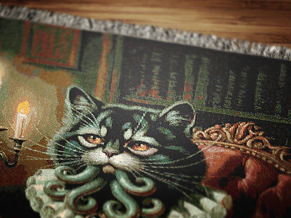 Funny Cat Cathulhu, Cotton Woven Throw Blanket, Lovecraft Gothic Funny Tapestry, Woven Wall Art, Whimsigoth Decor, Large Wall Hanging
