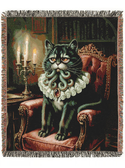 Funny Cat Cathulhu, Cotton Woven Throw Blanket, Lovecraft Gothic Funny Tapestry, Woven Wall Art, Whimsigoth Decor, Large Wall Hanging