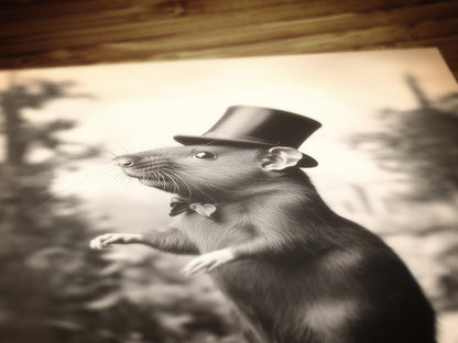 Fancy Rich Rat Wearing Top Hat, Vintage Victorian Photograph, Wall Decor Art Print for Rat Lovers, Art Printable, Retro Weird Art Stuff Gift