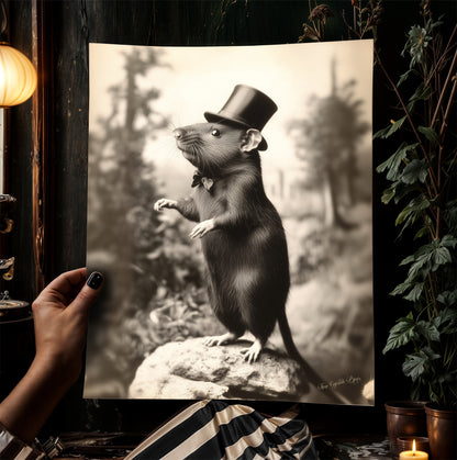 Fancy Rich Rat Wearing Top Hat, Vintage Victorian Photograph, Wall Decor Art Print for Rat Lovers, Art Printable, Retro Weird Art Stuff Gift