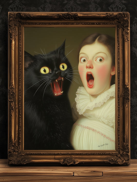 A Surprised Woman And Cat, Vintage Humor Altered Painting Funny Bathroom Toilet Wall Poster Weird Classic Art Gift Shocked Digital Cat Print