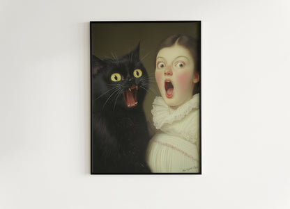 A Surprised Woman And Cat, Vintage Humor Altered Painting Funny Bathroom Toilet Wall Poster Weird Classic Art Gift Shocked Digital Cat Print