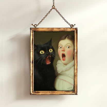 A Surprised Woman And Cat, Vintage Humor Altered Painting Funny Bathroom Toilet Wall Poster Weird Classic Art Gift Shocked Digital Cat Print