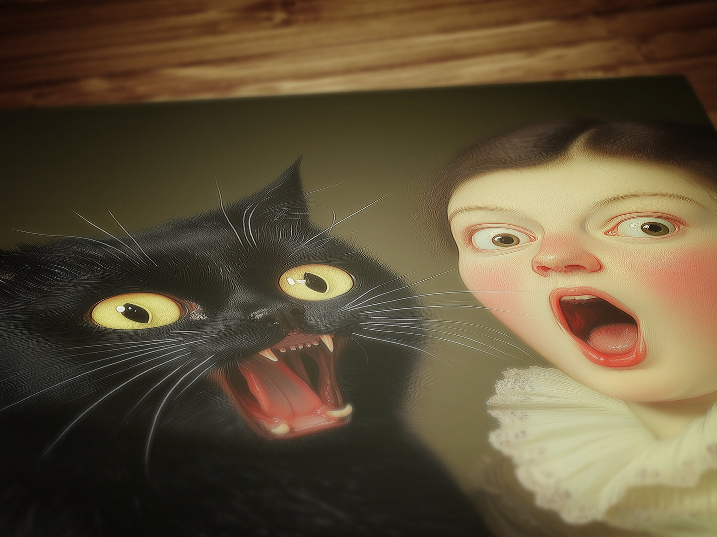 A Surprised Woman And Cat, Vintage Humor Altered Painting Funny Bathroom Toilet Wall Poster Weird Classic Art Gift Shocked Digital Cat Print