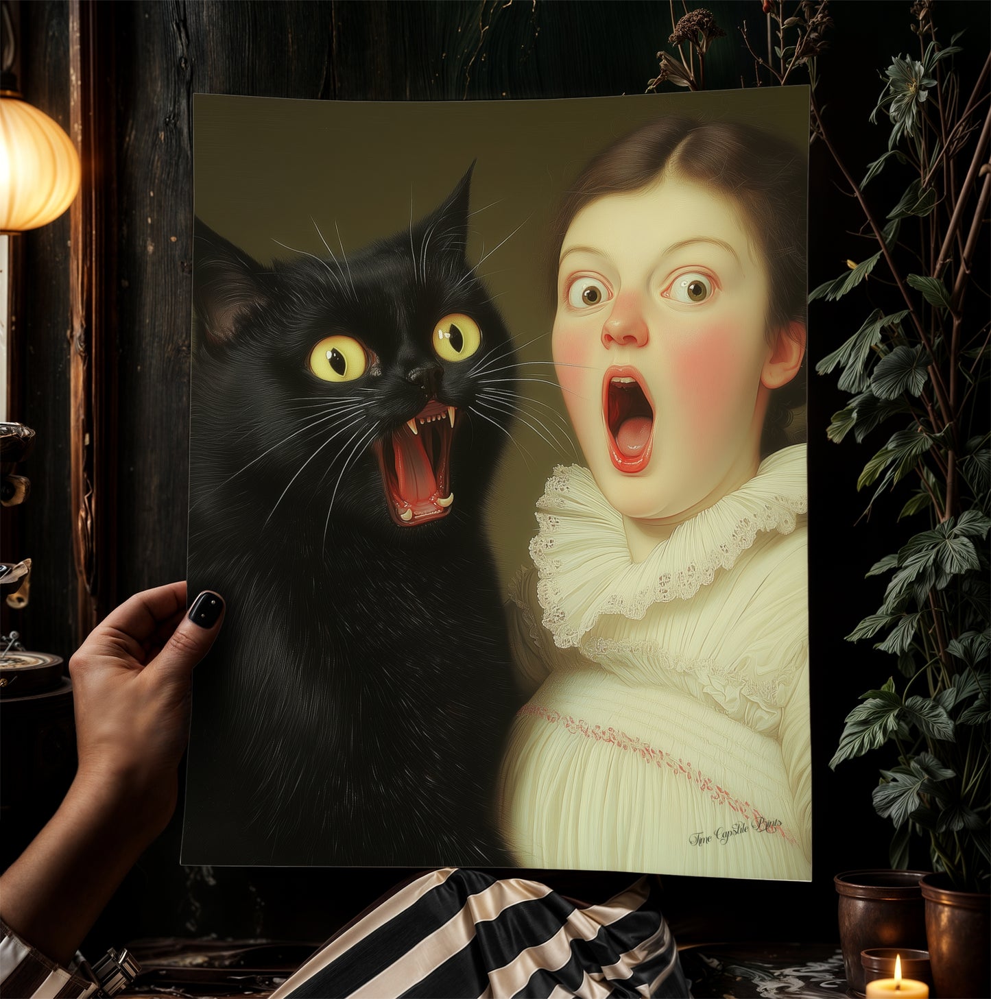 A Surprised Woman And Cat, Vintage Humor Altered Painting Funny Bathroom Toilet Wall Poster Weird Classic Art Gift Shocked Digital Cat Print