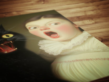 A Surprised Woman And Cat, Vintage Humor Altered Painting Funny Bathroom Toilet Wall Poster Weird Classic Art Gift Shocked Digital Cat Print