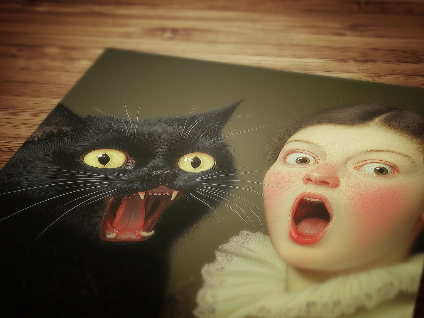 A Surprised Woman And Cat, Vintage Humor Altered Painting Funny Bathroom Toilet Wall Poster Weird Classic Art Gift Shocked Digital Cat Print