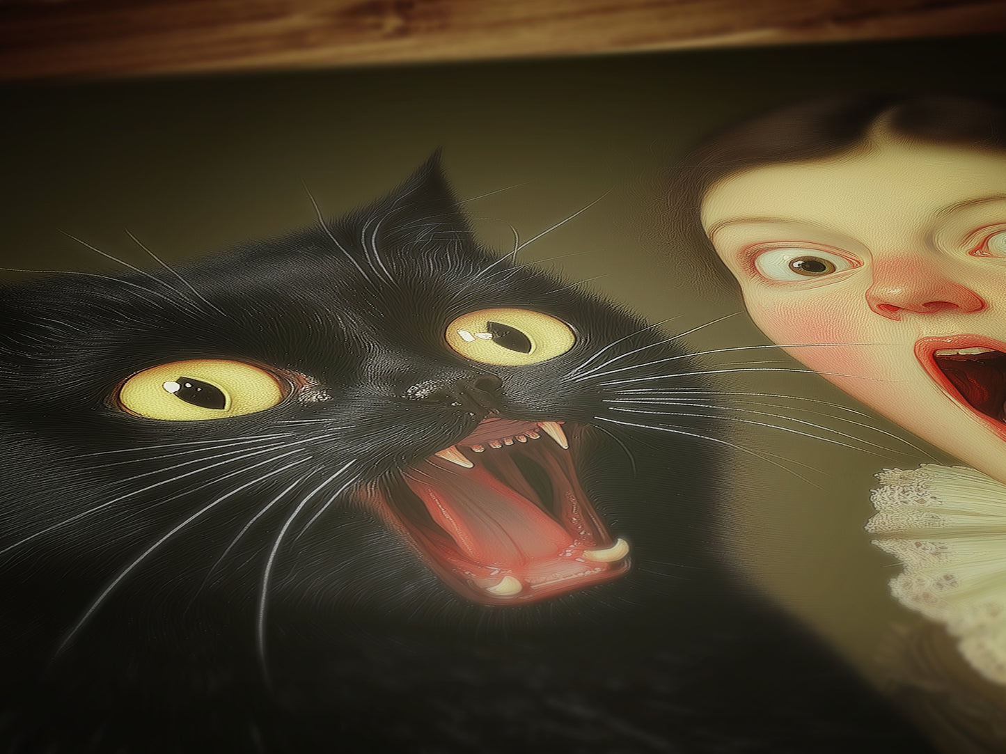 A Surprised Woman And Cat, Vintage Humor Altered Painting Funny Bathroom Toilet Wall Poster Weird Classic Art Gift Shocked Digital Cat Print
