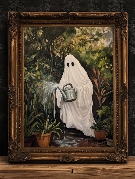 Houseplant Lover Ghost Painting, Vintage Poster, Art Poster Print, Dark Academia, Haunting Ghost, Weird Art Decor Gifts