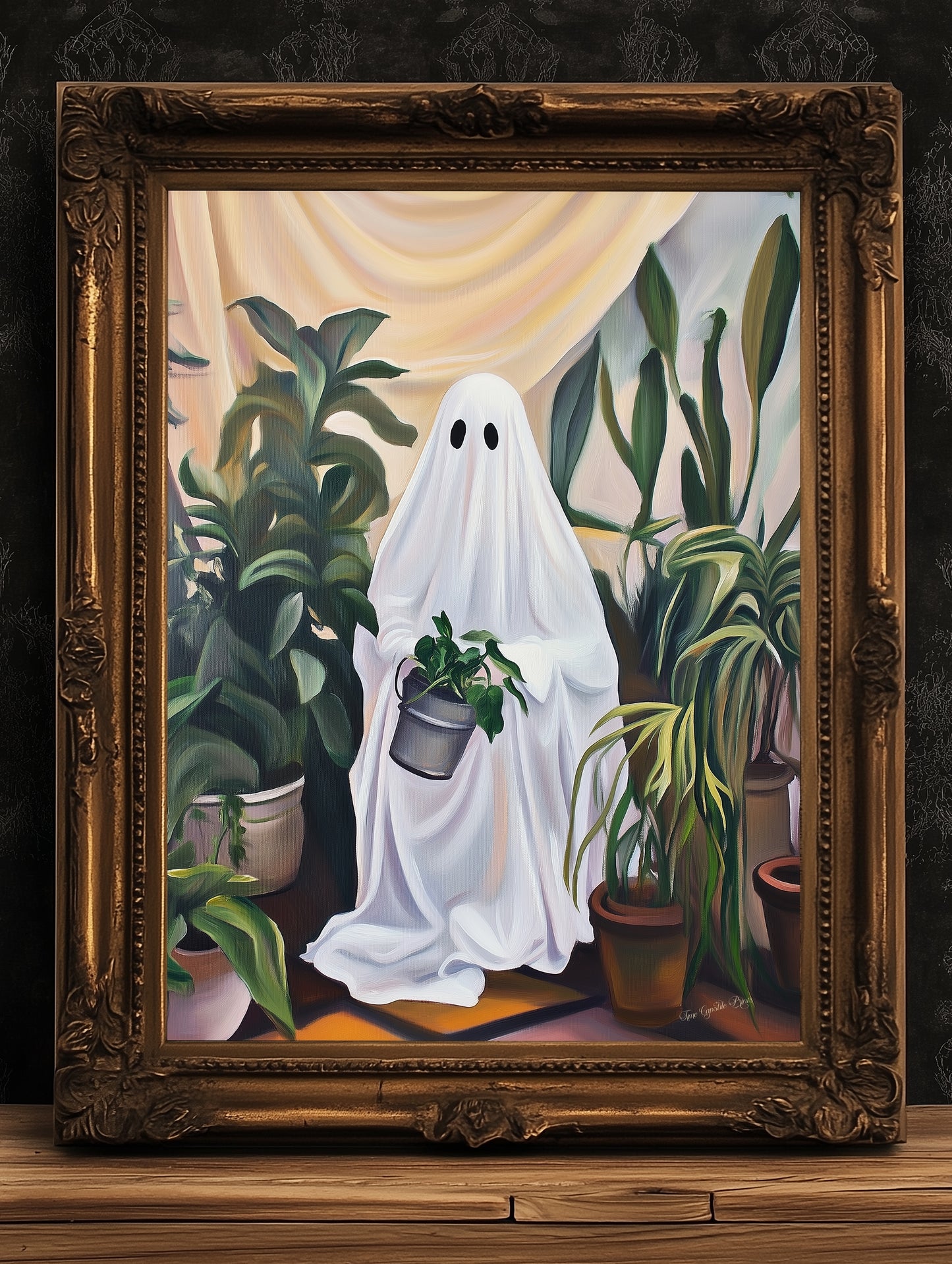 Retro Houseplant Lover Ghost Painting, Victorian Spooky Art Print, Dark Academia, Haunting Ghost, Plant Lover Weird Art Decor Gifts