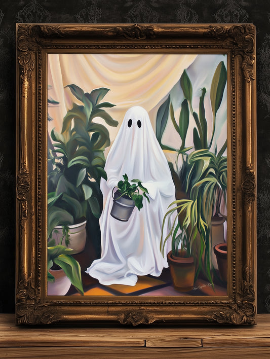 Retro Houseplant Lover Ghost Painting, Victorian Spooky Art Print, Dark Academia, Haunting Ghost, Plant Lover Weird Art Decor Gifts
