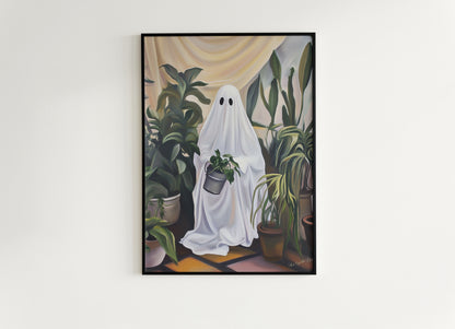Retro Houseplant Lover Ghost Painting, Victorian Spooky Art Print, Dark Academia, Haunting Ghost, Plant Lover Weird Art Decor Gifts