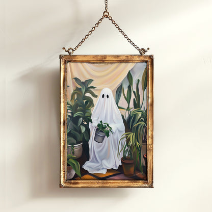 Retro Houseplant Lover Ghost Painting, Victorian Spooky Art Print, Dark Academia, Haunting Ghost, Plant Lover Weird Art Decor Gifts
