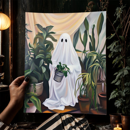 Retro Houseplant Lover Ghost Painting, Victorian Spooky Art Print, Dark Academia, Haunting Ghost, Plant Lover Weird Art Decor Gifts