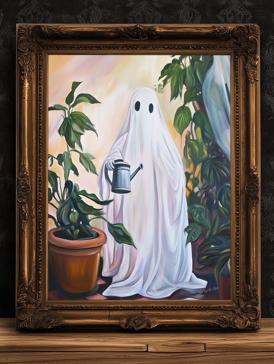 Retro Houseplant Lover Ghost Painting, Spooky Art Print, Dark Academia, Plant Enthusiat Present, Weird Art Decor Gifts