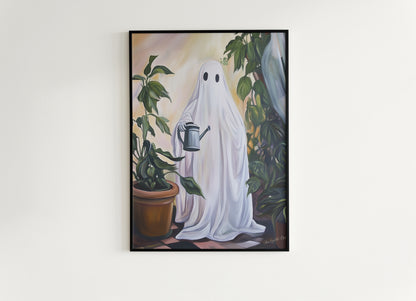 Retro Houseplant Lover Ghost Painting, Spooky Art Print, Dark Academia, Plant Enthusiat Present, Weird Art Decor Gifts
